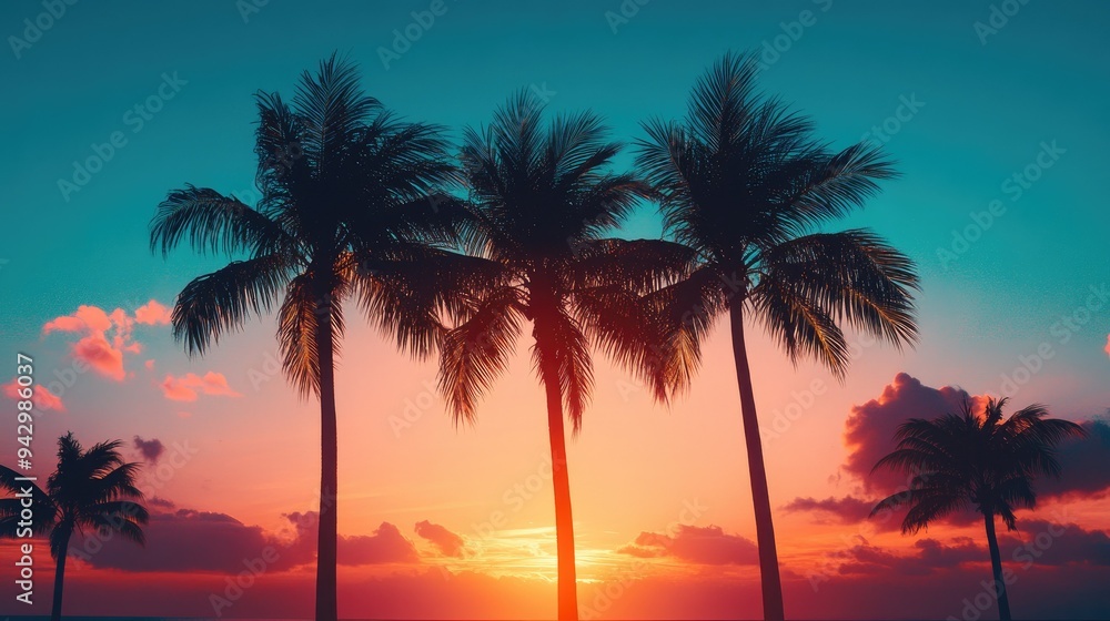 The silhouettes of palm trees are contrasted by the intense colors of a sunset, symbolizing relaxation and tropical allure. The silhouettes of palm trees are contrasted by the intense colors of a sunset, symbolizing relaxation and tropical allure.
