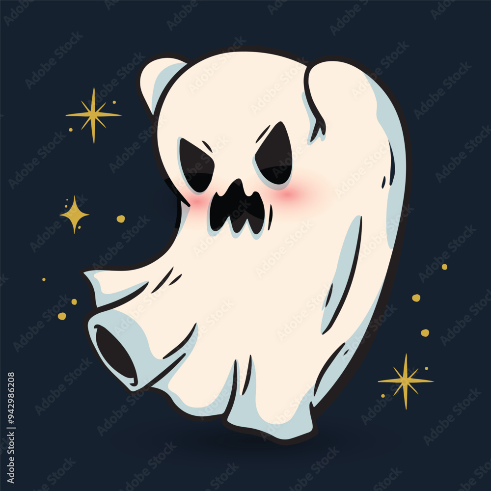Halloween ghost vector illustration. Cute funny happy spirit with face expression.Happy halloween phantom design isolated on dark background in modern flat cartoon style. Halloween Greeting card Halloween ghost vector illustration. Cute funny happy spirit with face expression.Happy halloween phantom design isolated on dark background in modern flat cartoon style. Halloween Greeting card