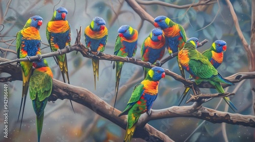 A Colorful Flock of Lorikeets Perched on Branches