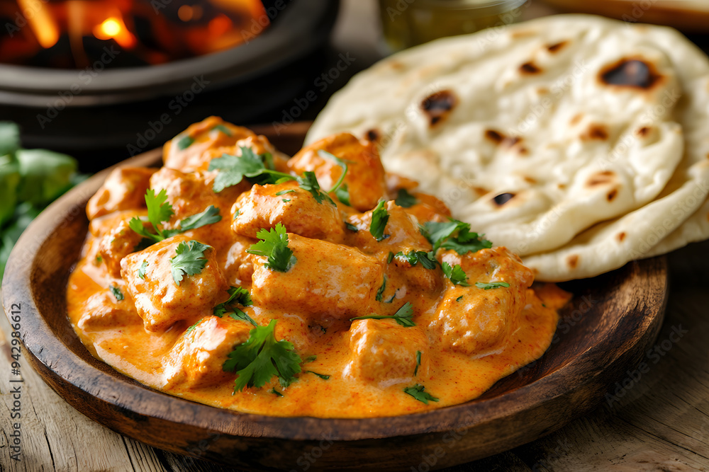 Butter Chicken and naan bread on rustic table, with traditional tandoor oven in background Butter Chicken and naan bread on rustic table, with traditional tandoor oven in background