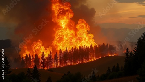 Wildfire Burning Through Forest at Night. flames leaping high, smoke billowing into the sky