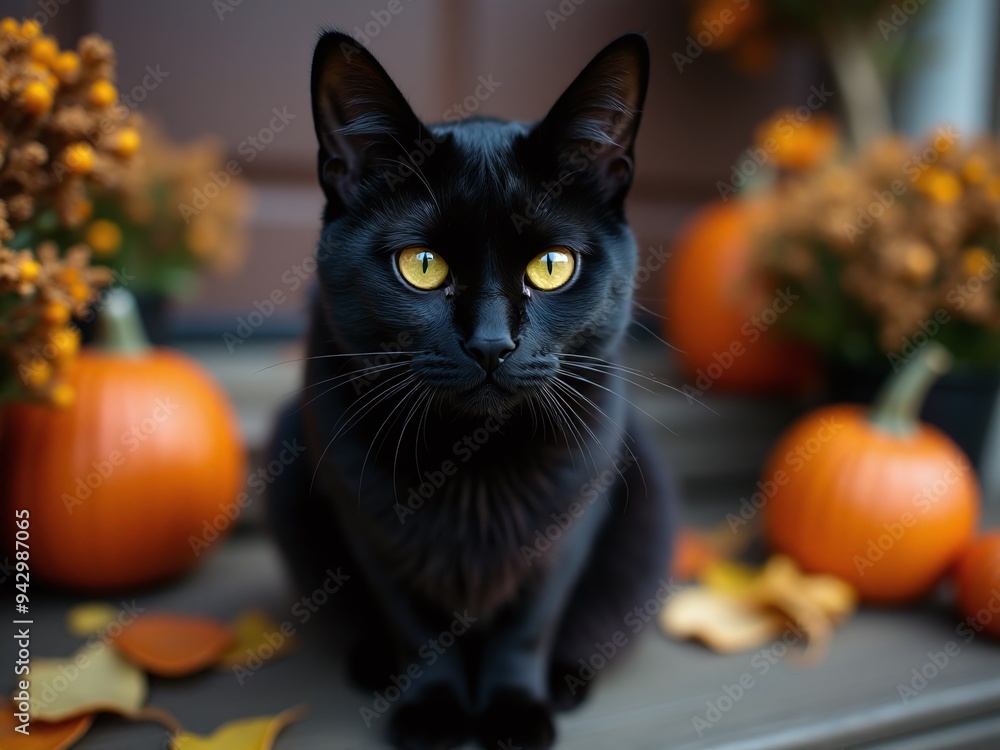 A detailed close-up shot of a black cat with piercing yellow eyes, sitting on a wooden porch decorated with Halloween-themed items like pumpkins A detailed close-up shot of a black cat with piercing yellow eyes, sitting on a wooden porch decorated with Halloween-themed items like pumpkins