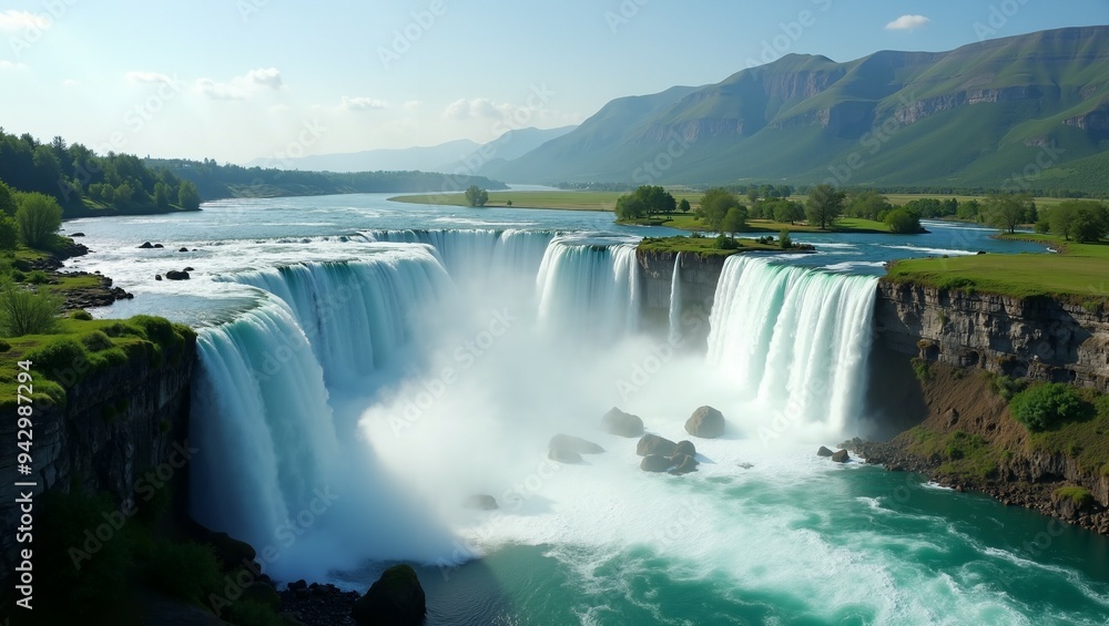 Majestic Waterfall Cascading Over Cliffs in a Breathtaking Landscape Majestic Waterfall Cascading Over Cliffs in a Breathtaking Landscape