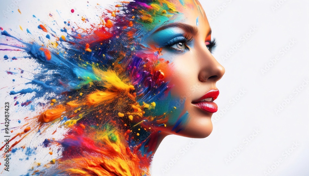 Portrait of a woman with make up. Vibrant Painting of a women Face with Colorful Paint Splatters. Portrait of a woman with make up. Vibrant Painting of a women Face with Colorful Paint Splatters.