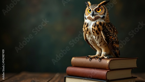 Wallpaper Mural Wise Owl Perched on Stack of Books.  Symbolizing wisdom, intelligence, and enlightenment. Torontodigital.ca