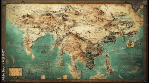 Detailed Fantasy Map with Mountains, Seas, and Cities