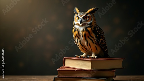 Wallpaper Mural Wise Owl Perched on Books. Symbolizing wisdom, intelligence, and enlightenment. Torontodigital.ca