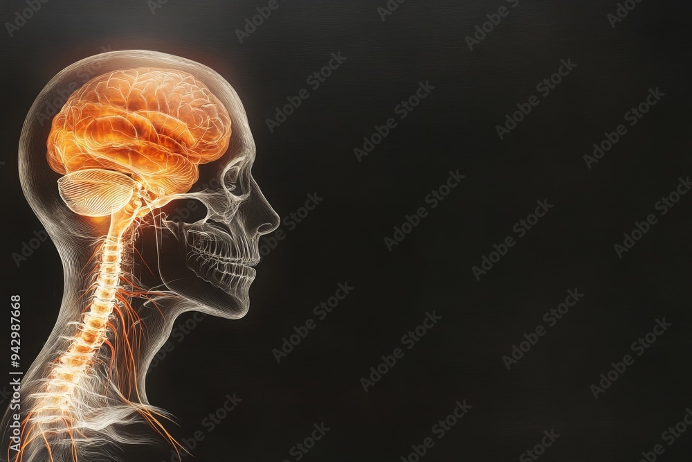 An anatomical illustration showcasing the human brain and spinal cord, highlighting the complexity of the nervous system. An anatomical illustration showcasing the human brain and spinal cord, highlighting the complexity of the nervous system.