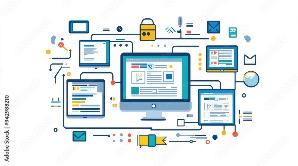Connected devices with a secure network showing communication between desktop, laptop, mobile, and tablet. Connected devices with a secure network showing communication between desktop, laptop, mobile, and tablet.