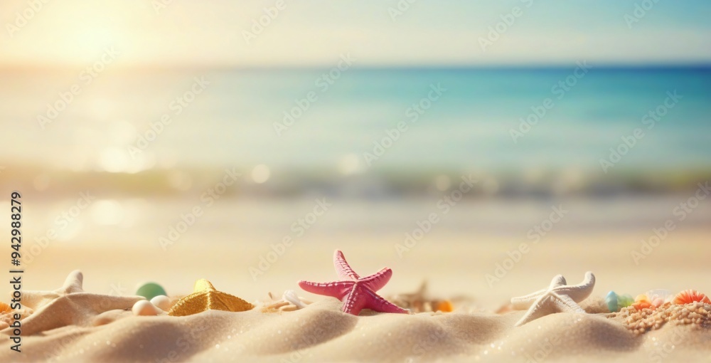 Starfish and seashells relaxing on the beach at sunset Starfish and seashells relaxing on the beach at sunset