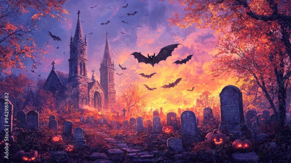 Victorian graveyard with bats emerging from crypts, overgrown tombstones, Halloween evening, gothic Victorian graveyard with bats emerging from crypts, overgrown tombstones, Halloween evening, gothic