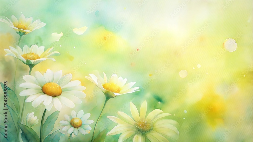 Chamomile Watercolor Background with Soft Washes of Yellow and Green and Delicate Chamomile Flowers, Artistic and Gentle Chamomile Watercolor Background with Soft Washes of Yellow and Green and Delicate Chamomile Flowers, Artistic and Gentle