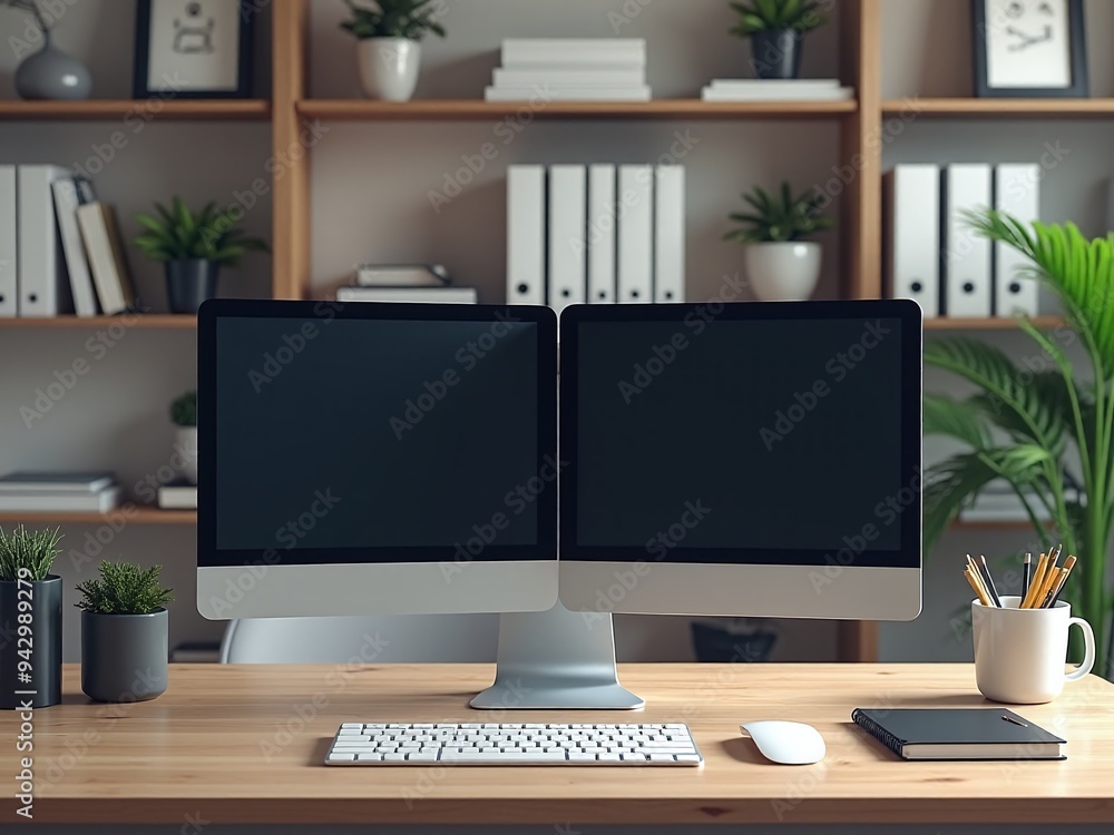 A high-resolution photo of a well-organized workspace featuring a desktop computer with dual monitors. A high-resolution photo of a well-organized workspace featuring a desktop computer with dual monitors.