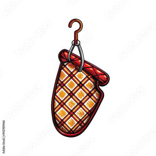 A realistic vector illustration of a red and yellow patterned oven mitt hanging on a hook.