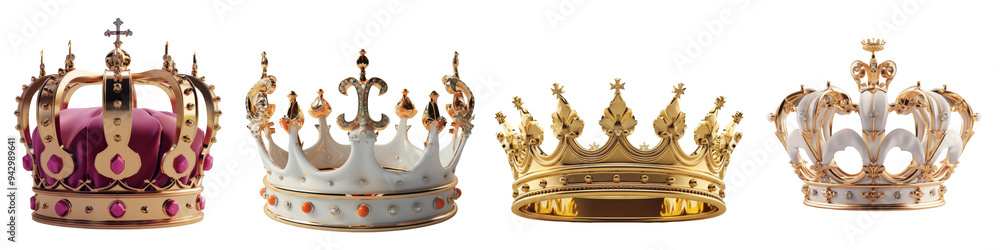 Collection of 3D king crowns isolated on white or transparent background Collection of 3D king crowns isolated on white or transparent background