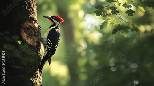 A male great spotted woodpecker (Dendrocopos major) ascends a tree in a forest, foraging for food in a natural setting. --ar 16:9 --v 6.1 Job ID: 458a5506-0dff-44f9-b72e-ac048e17d831 photo