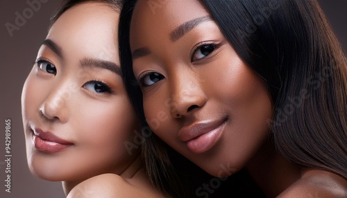 Portrait of two women. Two women, one with fair skin and blue eyes, the other with dark skin and yellow eyes, both exuding a playful energy.