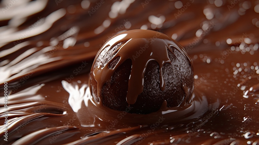 Decadent chocolate sphere melting under warm caramel sauce, complex and indulgent, close-up, soft lighting Decadent chocolate sphere melting under warm caramel sauce, complex and indulgent, close-up, soft lighting