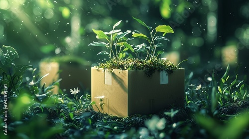 Cardboard boxes with plants symbolize sustainable micro-fulfillment in an eco-friendly environment. photo