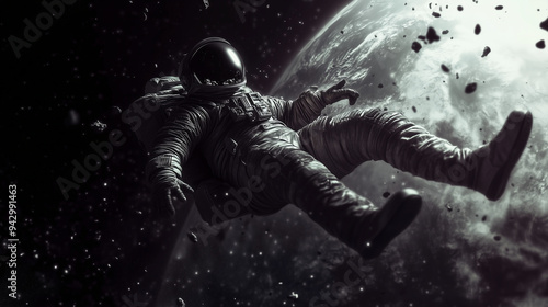 Astronaut Falling Through Space - Dramatic 3D Illustration of Space Explorer in Descent