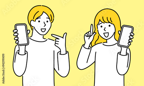 スマホの画面を見せる男女のカップルのシンプルなベクターイラスト