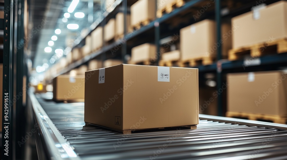 Cardboard boxes on a conveyor belt in a warehouse, representing efficient micro-fulfillment operations. Cardboard boxes on a conveyor belt in a warehouse, representing efficient micro-fulfillment operations.