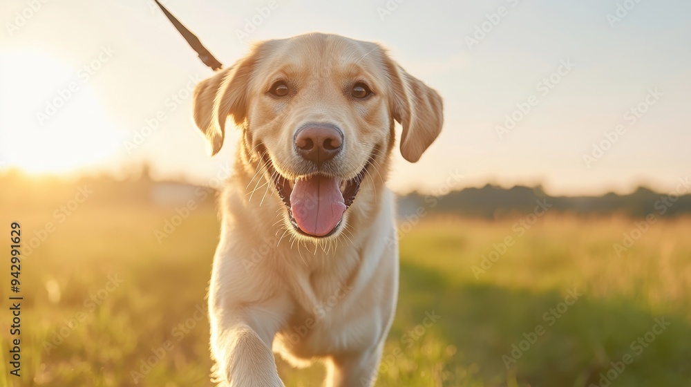 A happy dog is running through a field. The sun is shining brightly, making the scene warm and inviting A happy dog is running through a field. The sun is shining brightly, making the scene warm and inviting