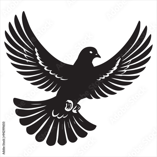 Rock Dove Silhouette,  Pigeon Bird Clipart -  Columba livia Design - Rock Dove gliding Illustration in black and white