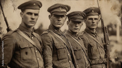 Four Young Men in Military Uniforms, Vintage Photograph