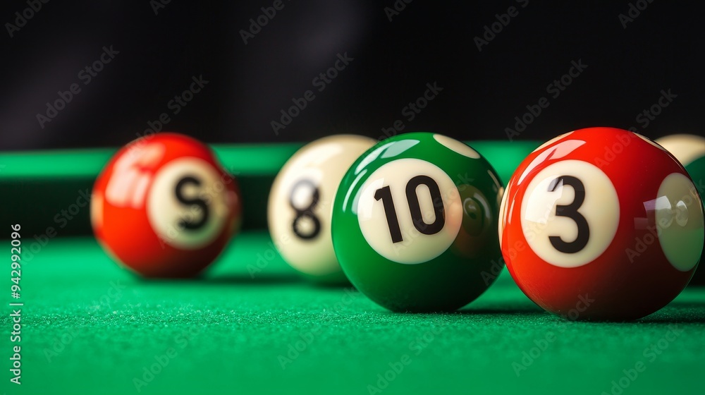 Close-up of pool balls with numbers, green felt background, flat design illustration Close-up of pool balls with numbers, green felt background, flat design illustration