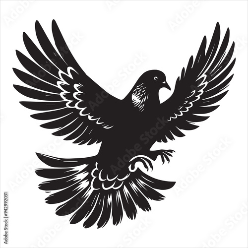 Rock Dove Silhouette,  Pigeon Bird Clipart -  Rock Dove hovering in mid-air Illustration in black and white