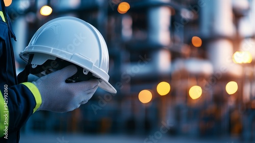 Close-up of a white helmet in an engineer s hand, wearing high-visibility gear and gloves, with gas plant pipes creating a blurred industrial backdrop photo