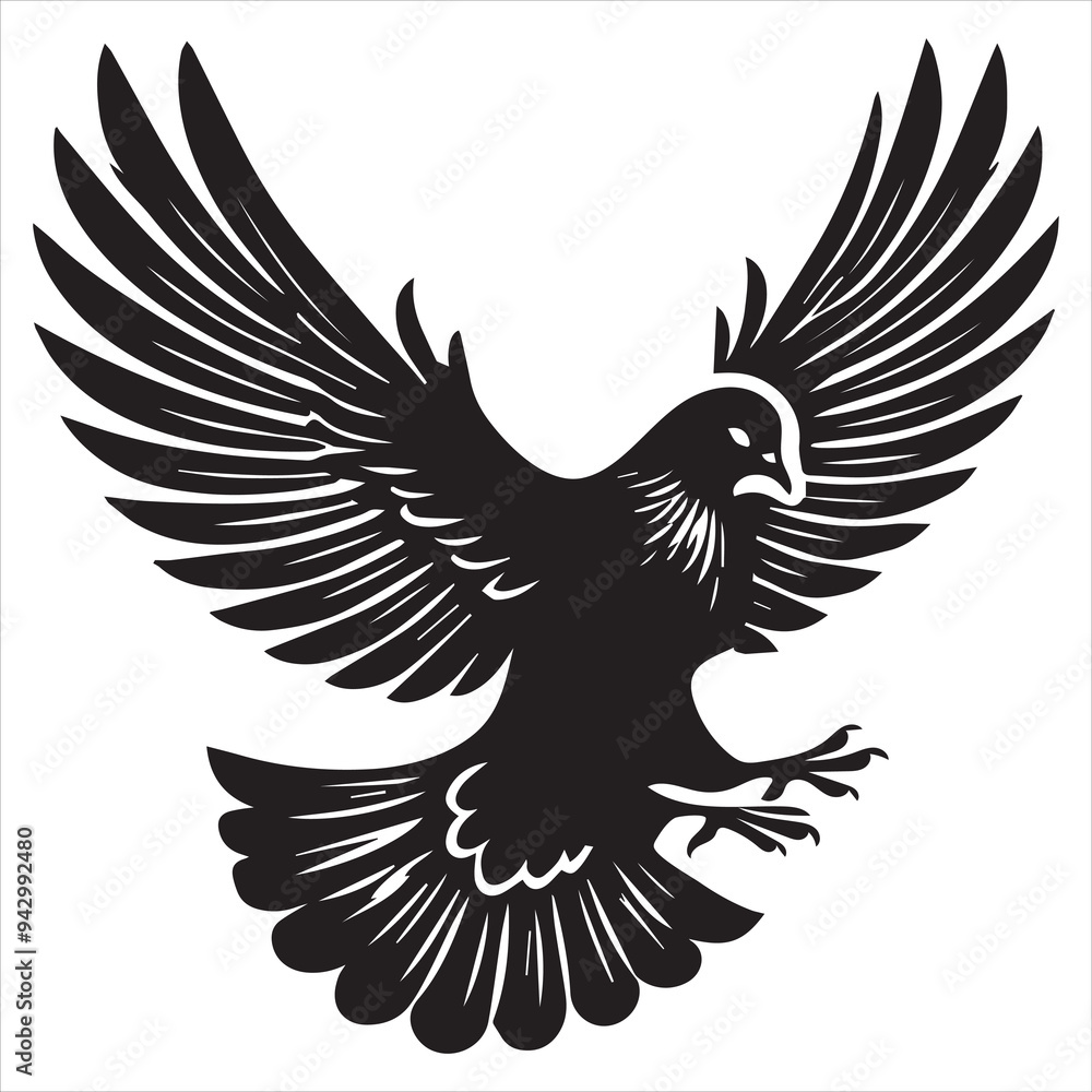 Rock Dove Silhouette, Pigeon Bird Clipart - Rock Dove landing Illustration in black and white Rock Dove Silhouette, Pigeon Bird Clipart - Rock Dove landing Illustration in black and white
