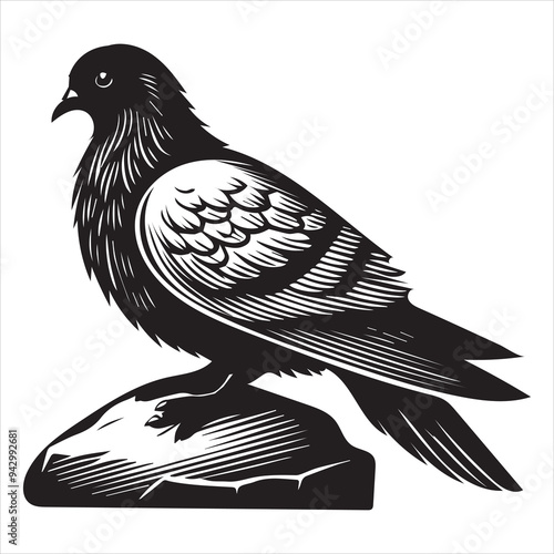 Rock Dove Silhouette,  Pigeon Bird Clipart - Rock Dove sitting Illustration in black and white