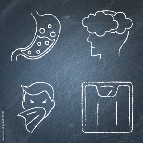 Unhealthy gut symptoms chalkboard icon set