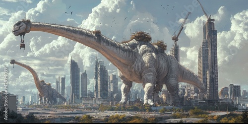 Fototapeta Naklejka Na Ścianę i Meble -  Giant dinosaurs walk through a city under construction.