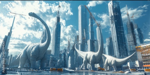 Fototapeta Naklejka Na Ścianę i Meble -  Two dinosaurs walk through a futuristic city.