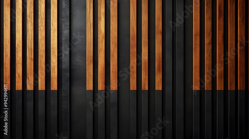 A sophisticated abstract design with wooden slats of varying depths against a dark background, capturing the essence of modern architectural texture