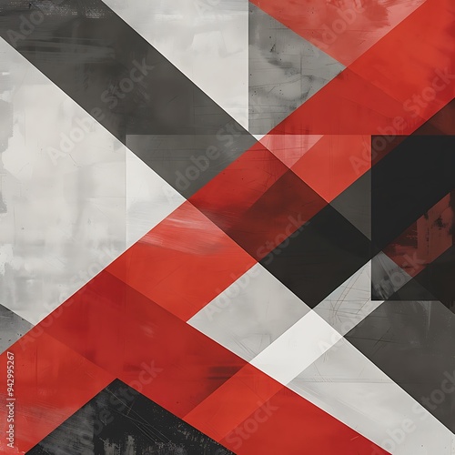 A limited palette abstract background with bold red and muted gray geometric shapes overlapping on a clean white canvas, creating a dynamic contrast. 8k UHD, suitable for high-quality printing 