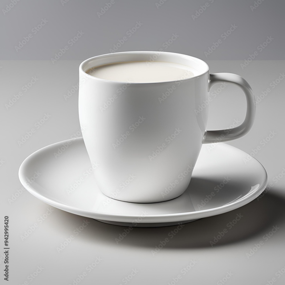 A minimalist white ceramic coffee cup filled with milk, placed on a matching saucer against a neutral gray background. A minimalist white ceramic coffee cup filled with milk, placed on a matching saucer against a neutral gray background.