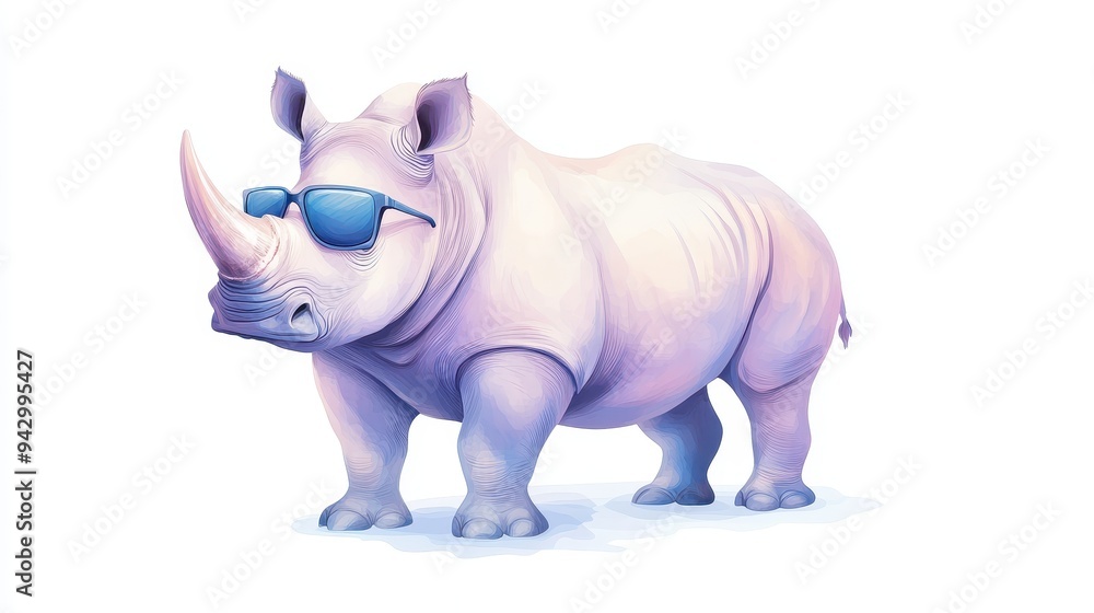 A rhino wearing sunglasses and standing on a white background A rhino wearing sunglasses and standing on a white background