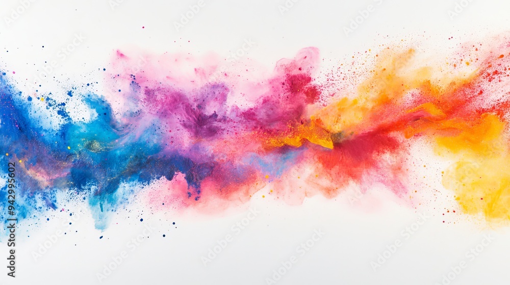 Fototapeta premium Vivid rainbow hues explode in a vibrant powder splash, painting the white canvas with vibrant streaks of ink. 