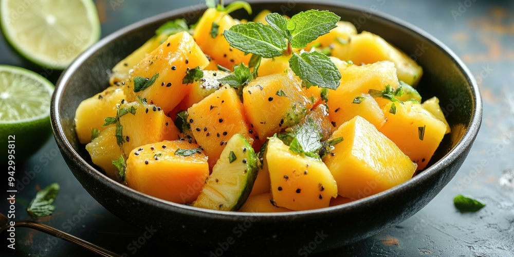 Mango and mint salad in a black bowl. Mango and mint salad in a black bowl.