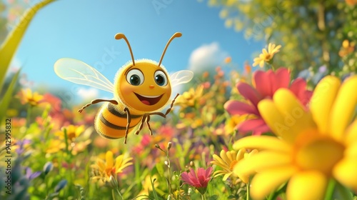 Happy cartoon bee flying in a field of flowers.