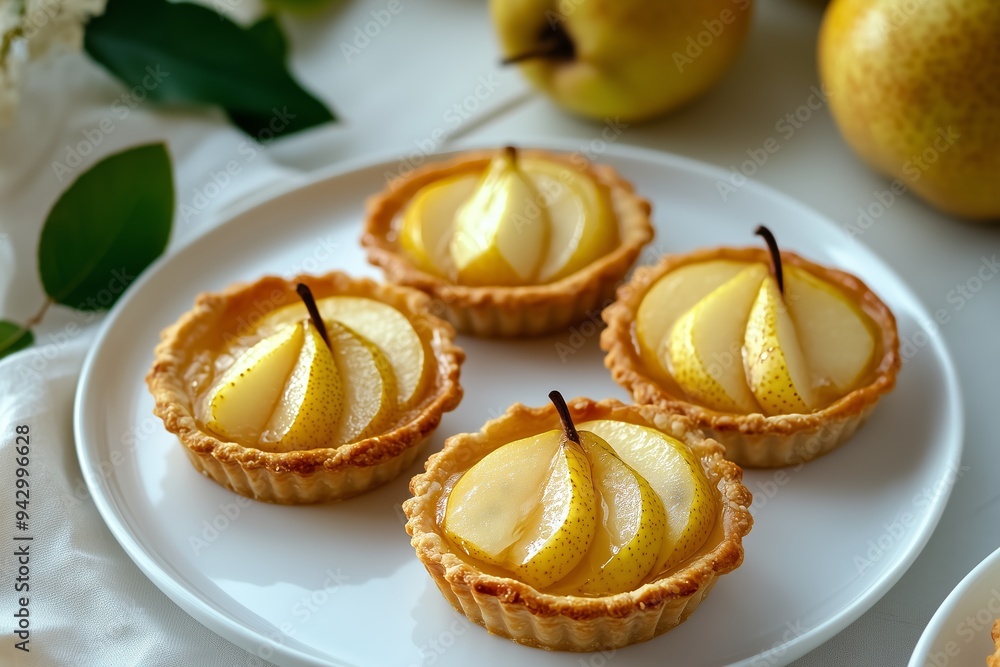 Four pear tarts beautifully arranged on a white plate, showcasing an elegant and appetizing dessert perfect for dining. Four pear tarts beautifully arranged on a white plate, showcasing an elegant and appetizing dessert perfect for dining.