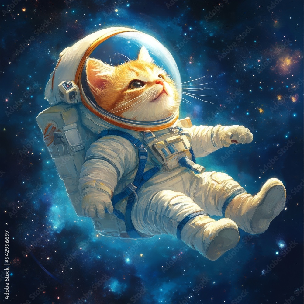 Astro Cat's Cosmic Adventure: An adorable tabby cat, clad in a custom ...