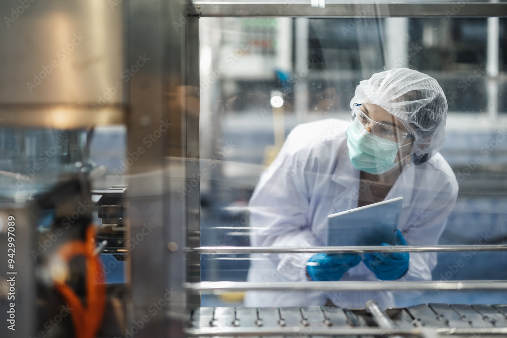 Hygiene women worker work in science laboratory. people in pharmaceutical medicine production machine inspector.