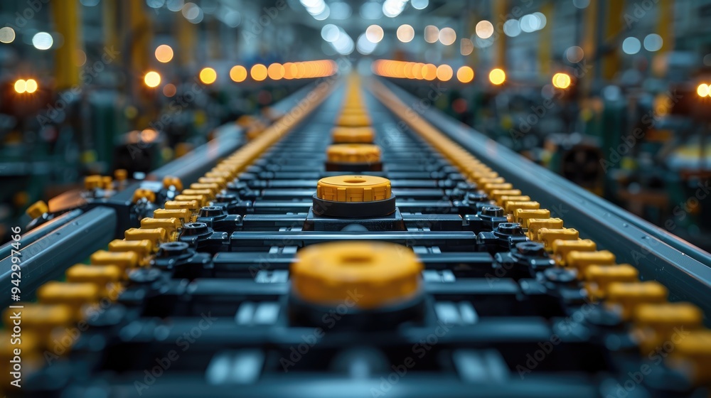 A detailed image of an industrial conveyor belt in a high-tech factory, showcasing machinery and equipment with a row of yellow knobs, depicting efficient manufacturing processes. A detailed image of an industrial conveyor belt in a high-tech factory, showcasing machinery and equipment with a row of yellow knobs, depicting efficient manufacturing processes.