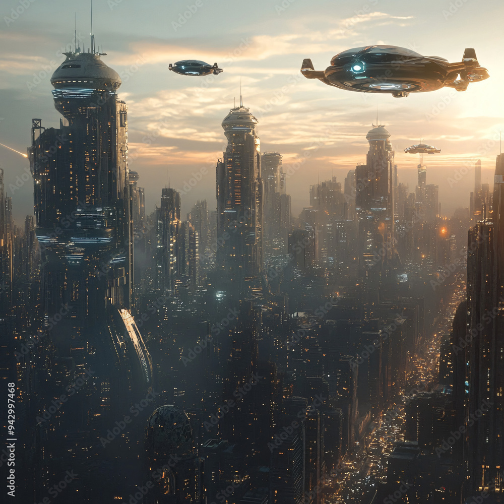 A futuristic city skyline with AI-controlled flying cars. A futuristic city skyline with AI-controlled flying cars.