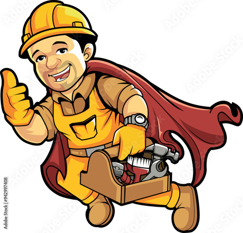 Handyman superhero wearing cape while making a thumbs up gesture